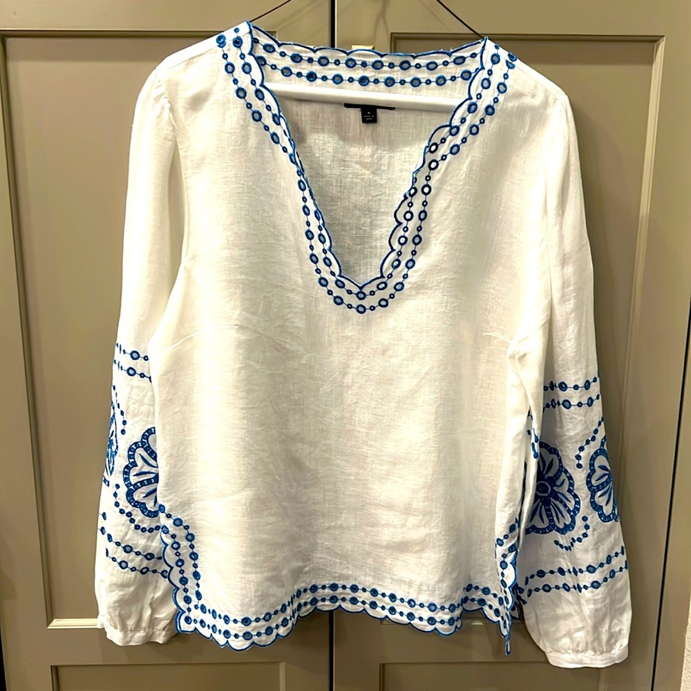 J. Crew White Linen Tunic with Blue Embroidery
